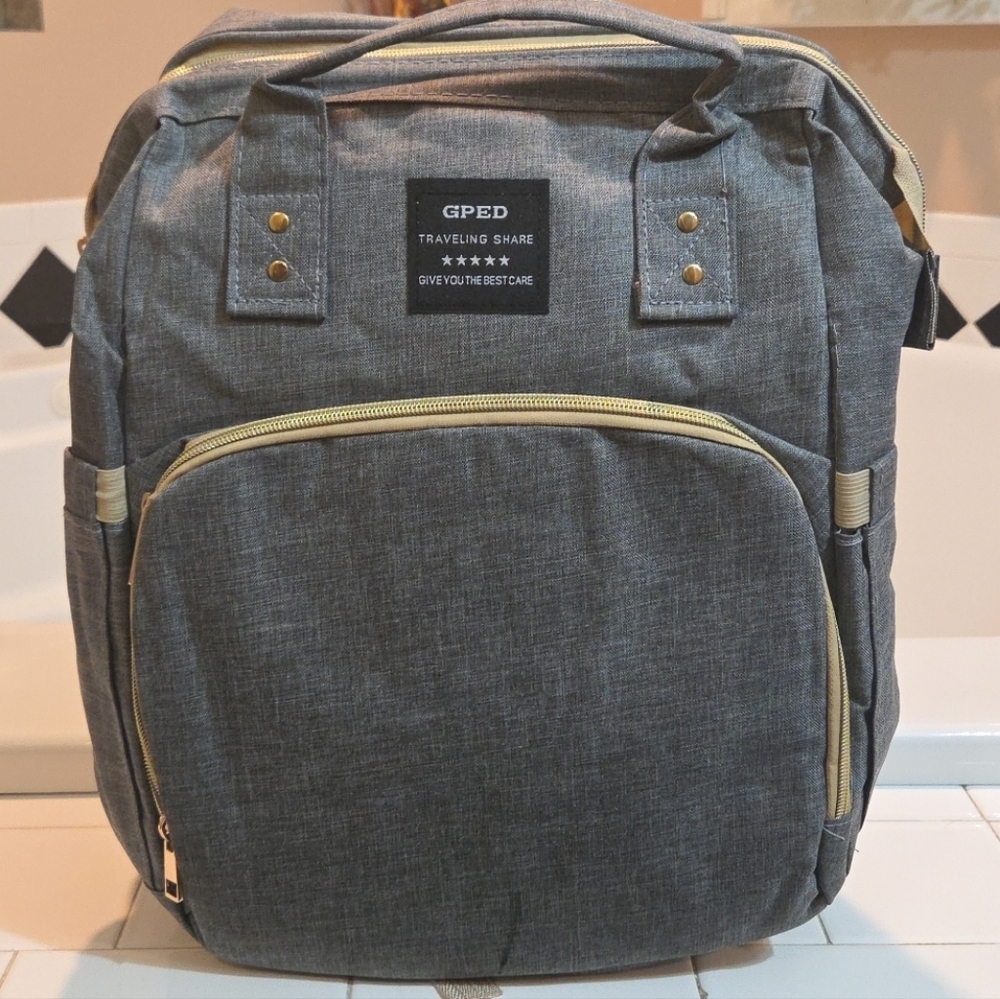 GPED Gray Diaper Bag/Backpack With Portablr Bassinet/Changing Pad NEW